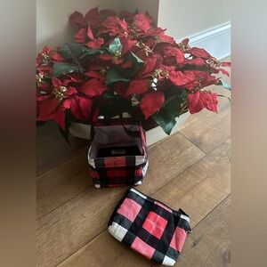 Thirty One Red/Black Plaid Caddy & Cosmetic Bag Set EUC
